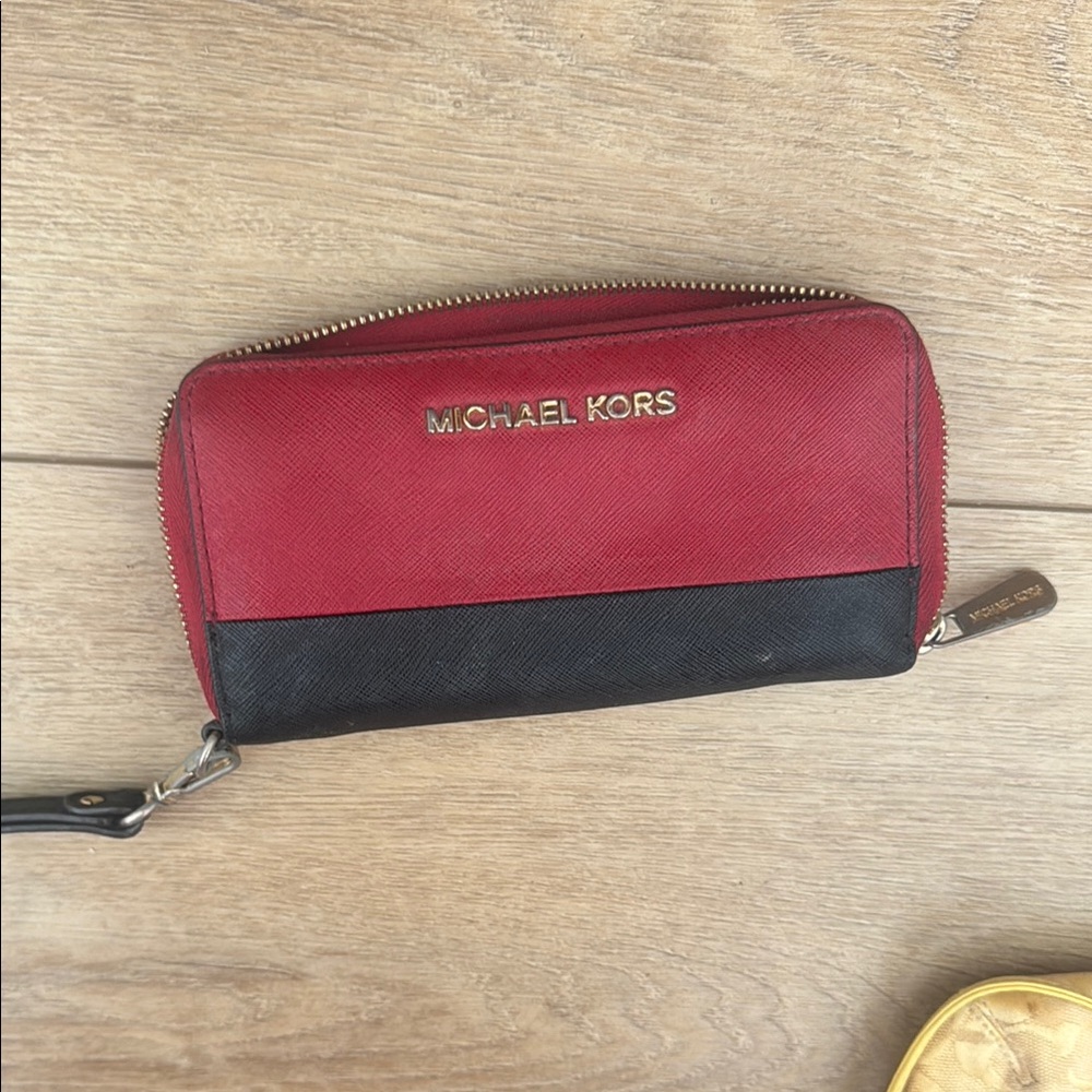 Michael Kors Red and Black Zip Wristlet Wallet with Gold Logo
